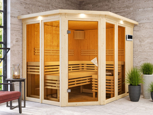 Sauna Ainur mit bronzierter Glastür und Dachkranz + 9 kW Bio-Kombiofen mit ext. Strg.