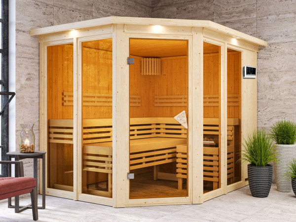 Sauna Ainur mit bronzierter Glastür und Dachkranz + 9 kW Saunaofen ext. Strg.