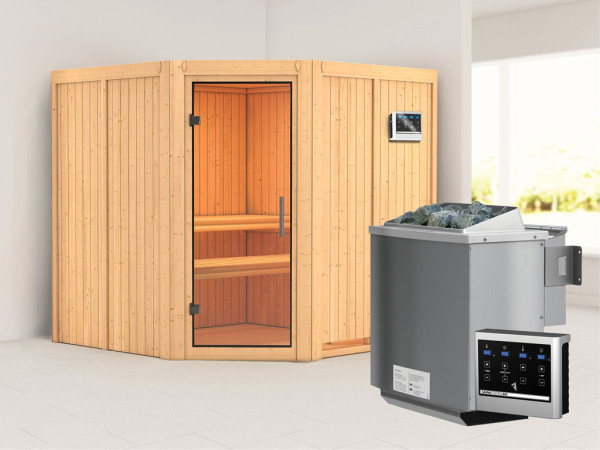 Sauna Systemsauna Jarin Klarglas Ganzglastür + 9 kW Bio-Kombiofen mit ext. Strg