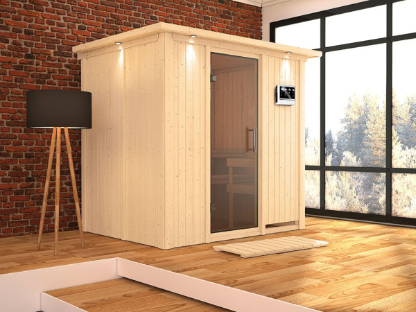 Sauna Systemsauna Bodin mit Dachkranz, inkl. 9 kW Bio-Ofen mit externer Steuerung