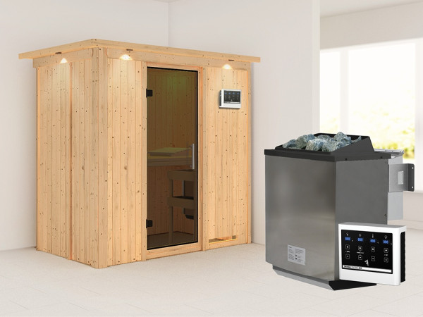 Sauna Systemsauna Variado mit Dachkranz, inkl. 9 kW Bio-Ofen mit externer Steuerung