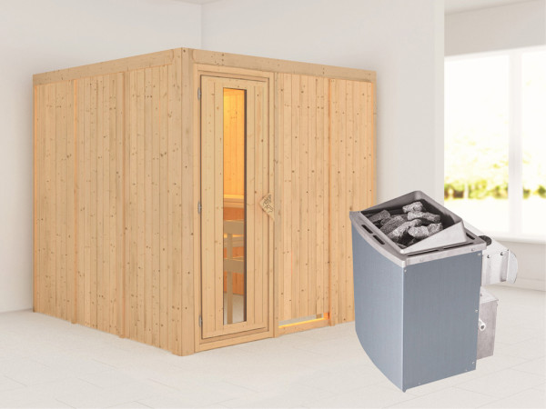 Systemsauna Rodin Holztür mit Isolierglas, inkl. 9 kW Saunaofen integr. Steuerung