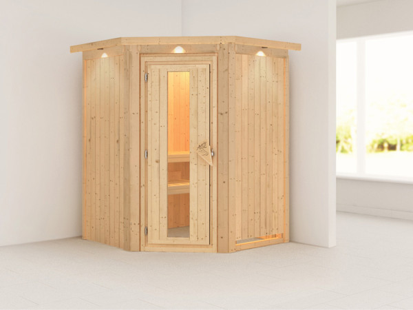 Systemsauna Larin mit Dachkranz, Holztür mit Isolierglas