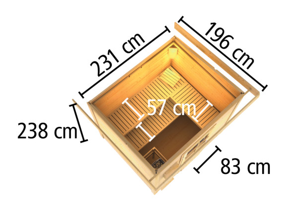 Saunahaus Lene 3 38 mm naturbelassen inkl. 9 kW Ofen mit integrierter Steuerung und Zubehörset