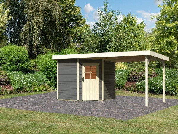 Gartenhaus SET Neuruppin 2 28 mm terragrau, inkl. 3,2 m Anbaudach