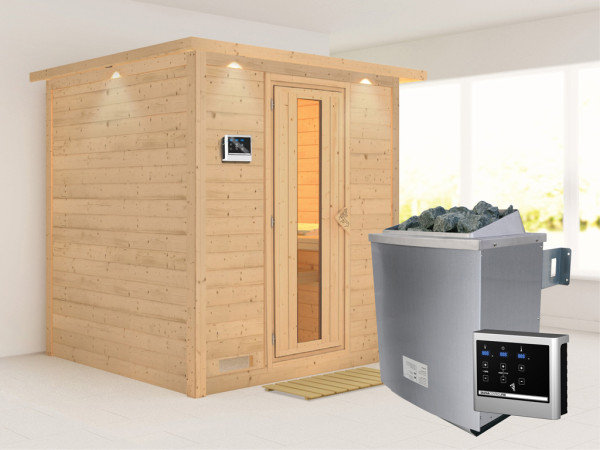 Massivholzsauna Mojave mit Dachkranz, Holztür mit Isolierglas, inkl. 9 kW Ofen ext. Steuerung