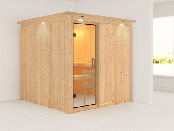 Sauna Systemsauna Rodin mit Dachkranz, Klarglas Ganzglastür