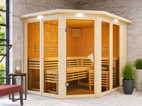 Sauna Ainur mit bronzierter Glastür und Dachkranz