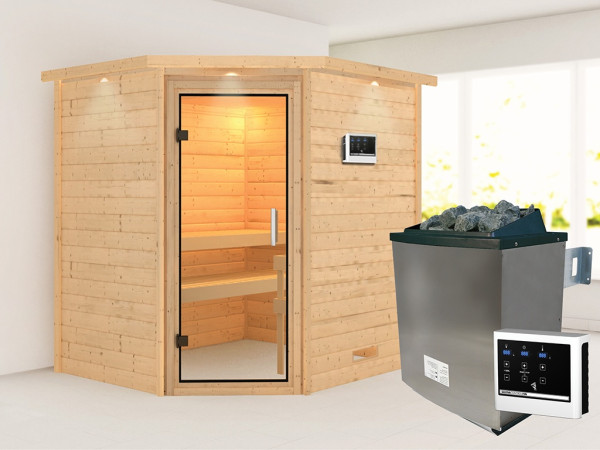 Sauna Massivholzsauna Mia mit Dachkranz, inkl. 9 kW Ofen mit externer Steuerung