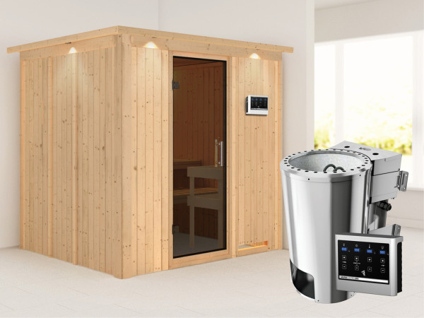 Sauna Systemsauna Daria mit Dachkranz, graphit Ganzglastür + Plug & Play Bio-Ofen mit ext. Strg.