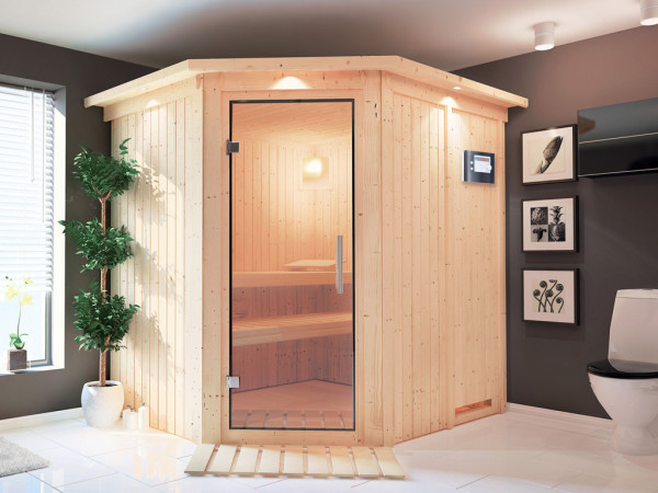 Sauna Systemsauna Lilja mit Dachkranz, Klarglas Ganzglastür + Plug & Play Saunaofen mit ext.Strg