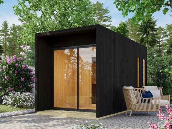 Gartensauna Nero 73 mm mit Glastür, schwarz lasiert, SPARSET inkl. BIO 9kW Saunaofen mit externer St