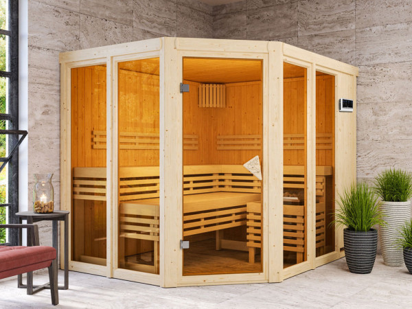 Sauna Ainur mit bronzierter Glastür + 9 kW Bio-Kombiofen mit ext. Strg.