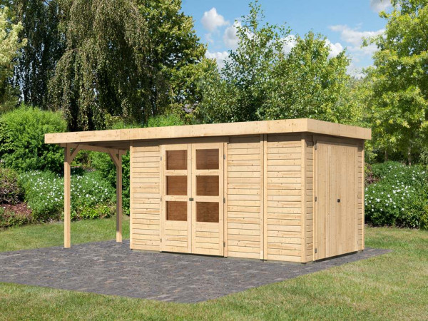 Gartenhaus SET Retola 6 19 mm naturbelassen, inkl. 2,4 m Anbaudach + Anbauschrank