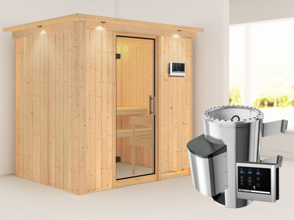 Sauna Systemsauna Fanja mit Dachkranz, Klarglas Ganzglastür + Plug & Play Saunaofen mit ext. Strg