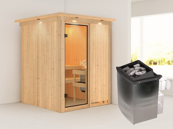 Sauna Systemsauna Norin mit Dachkranz, inkl. 9 kW Ofen mit integrierter Steuerung