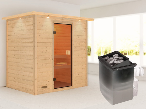 Sauna Massivholzsauna Sonja mit Dachkranz, inkl. 9 kW Ofen mit integrierter Steuerung