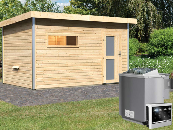 Saunahaus Skrollan 3 mit Milchglastür & Vorraum, inkl. 9 kW Bio-Kombiofen mit externer Steuerung