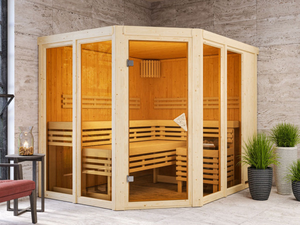 Sauna Ainur mit bronzierter Glastür + 9 kW Saunaofen integr. Strg.