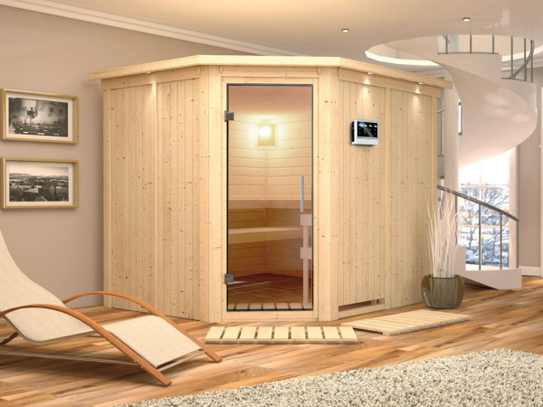 Sauna Systemsauna Malin mit Dachkranz, Klarglas Ganzglastür + 9 kW Bio-Kombiofen mit ext. Strg