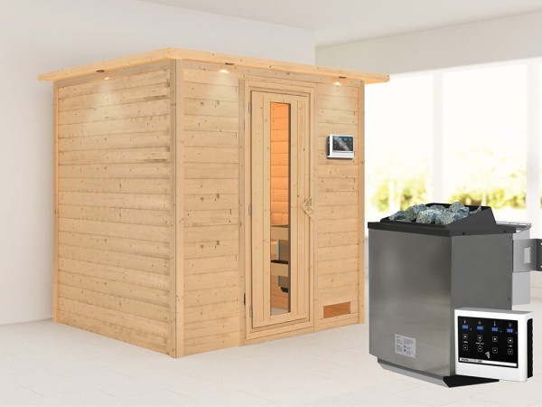 Sauna Massivholzsauna Anja mit Dachkranz, inkl. 9 kW Bio-Ofen mit externer Steuerung