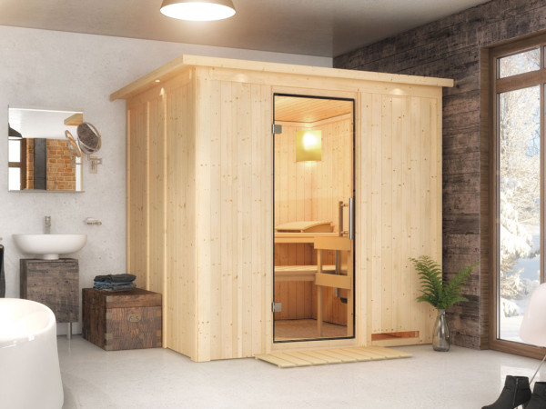 Sauna Systemsauna Sodin mit Dachkranz, Klarglas Ganzglastür