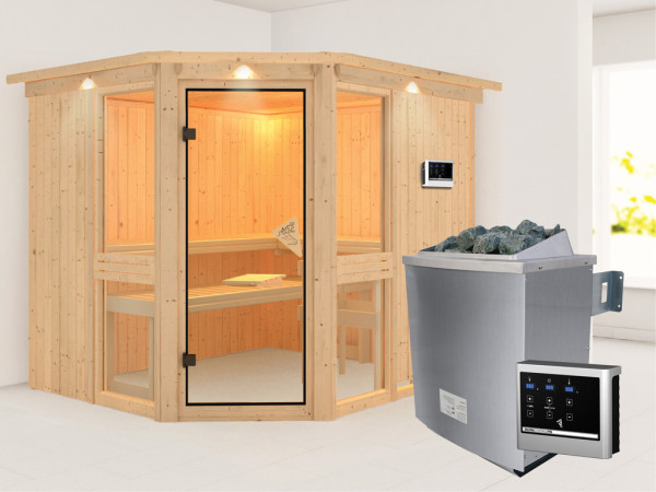 Sauna Systemsauna Amelia 3 mit Dachkranz, inkl. 9 kW Saunaofen ext. Steuerung