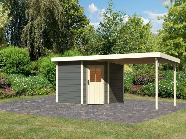 Gartenhaus SET Neuruppin 3 28 mm terragrau, inkl. 3,2 m Anbaudach