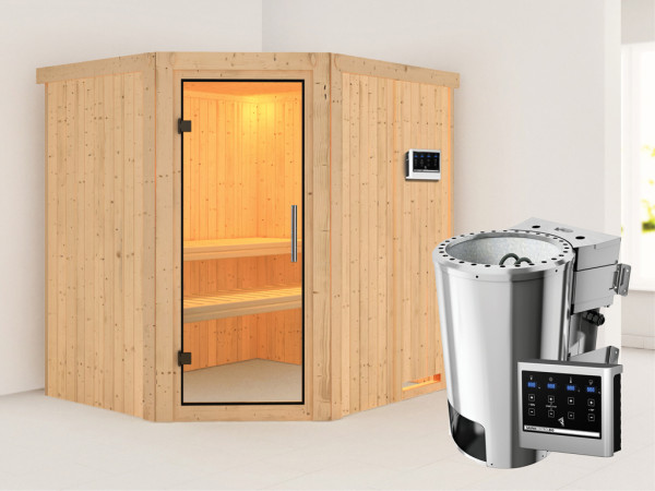 Sauna Systemsauna Lilja Klarglas Ganzglastür + Plug & Play Bio-Ofen mit ext. Strg