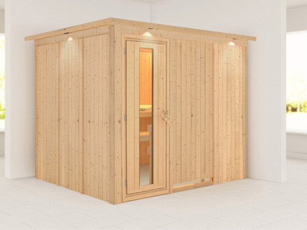 Systemsauna Gobin mit Dachkranz, Holztür mit Isolierglas