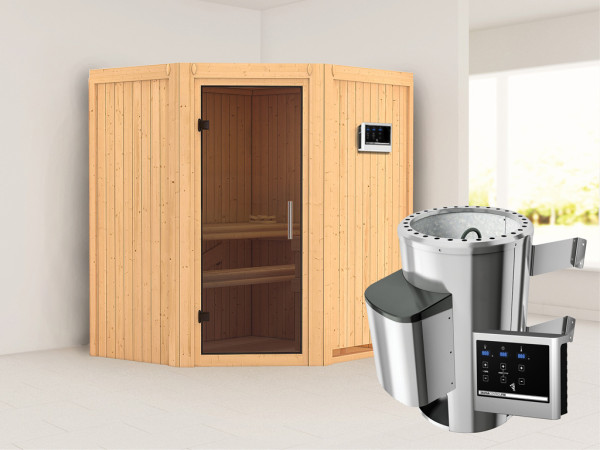 Sauna Systemsauna Tonja graphit Ganzglastür + Plug & Play Saunaofen mit externer Steuerung