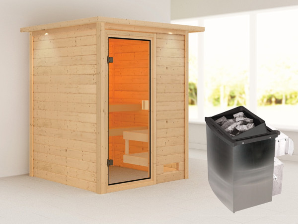 Sauna Massivholzsauna Sandra mit Dachkranz, inkl. 9 kW Ofen mit integrierter Steuerung