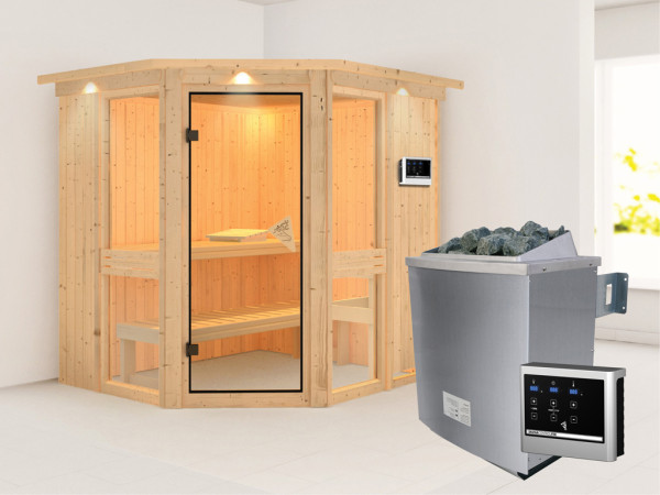 Sauna Systemsauna Amelia 1 mit Dachkranz, inkl. 9 kW Saunaofen ext. Steuerung