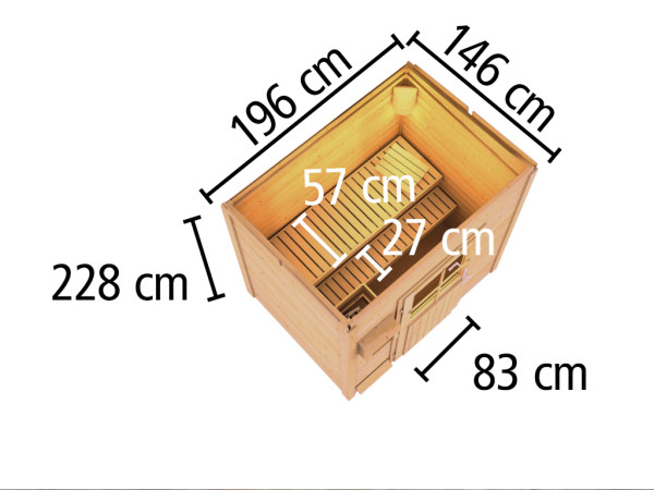 Saunahaus Lene 1 38 mm naturbelassen inkl. 9 kW Ofen mit integrierter Steuerung und Zubehörset