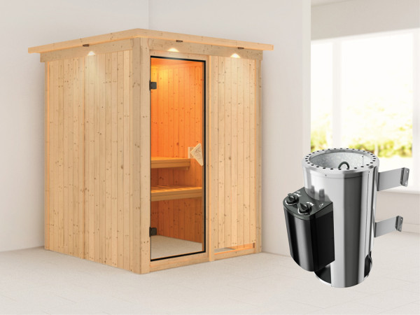 Sauna Systemsauna Minja mit Dachkranz, inkl. Plug & Play Saunaofen Steuerung