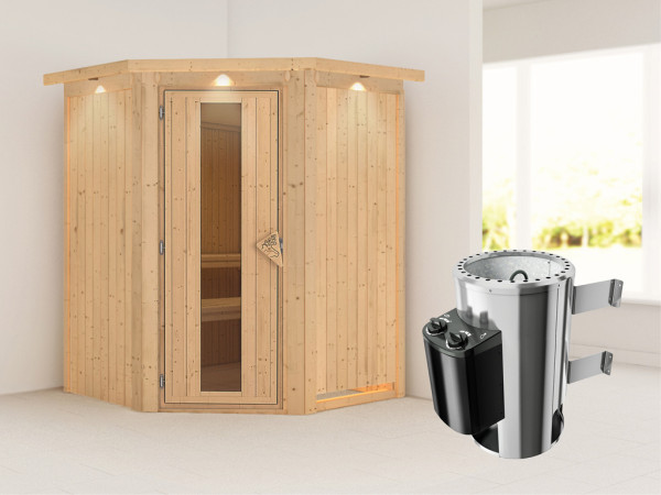 Sauna Systemsauna Nanja mit Dachkranz, Energiespartür + Plug & Play Saunaofen mit Steuerung