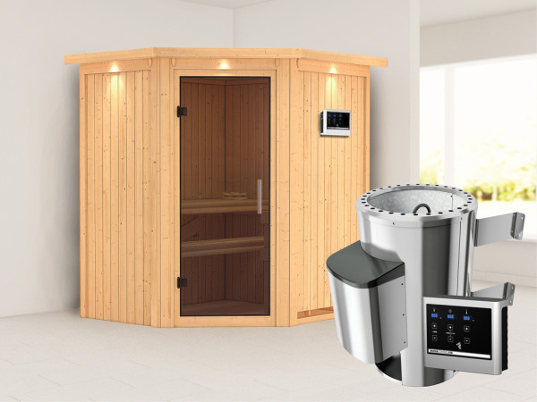 Sauna Systemsauna Tonja mit Dachkranz, graphit Ganzglastür + Plug & Play Saunaofen mit ext. Strg