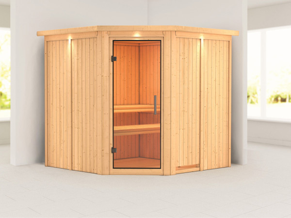 Sauna Systemsauna Jarin mit Dachkranz, Klarglas Ganzglastür