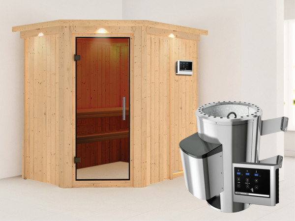 Sauna Systemsauna Saja mit Dachkranz, graphit Ganzglastür + Plug & Play Saunaofen mit ext. Strg