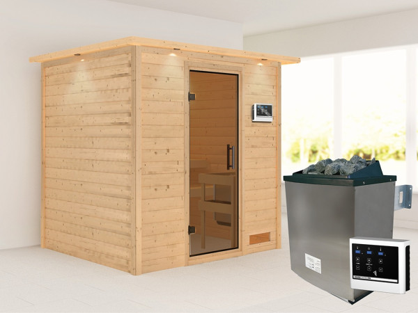 Sauna Massivholzsauna Anja mit Dachkranz, inkl. 9 kW Ofen mit externer Steuerung