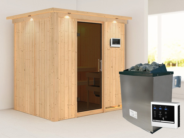 Sauna Systemsauna Bodin mit Dachkranz, inkl. 9 kW Ofen mit externer Steuerung