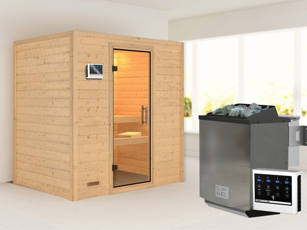 Sauna Massivholzsauna Sonja, inkl. 9 kW Bio-Ofen mit externer Steuerung