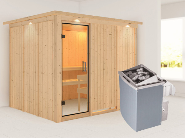 Sauna Systemsauna Gobin mit Dachkranz, Klarglas Ganzglastür + 9 kW Saunaofen mit Steuerung