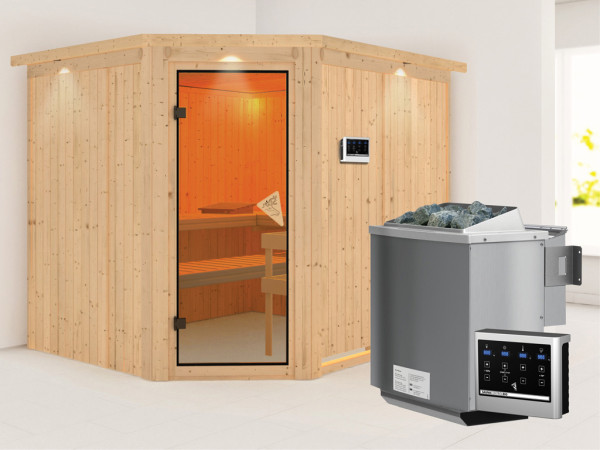 Systemsauna Malin mit Dachkranz, bronzierte Ganzglastür, inkl. 9 kW Bio-Kombiofen ext. Steuerung