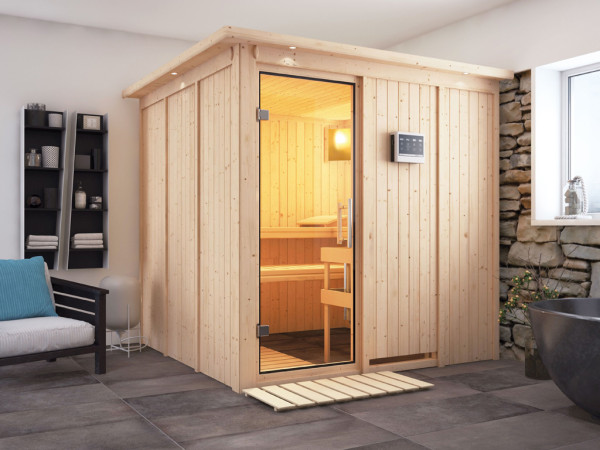 Sauna Systemsauna Rodin mit Dachkranz, Klarglas Ganzglastür + 9 kW Bio-Kombiofen mit ext. Strg