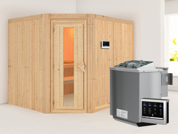 Systemsauna Malin Holztür mit Isolierglas, inkl. 9 kW Bio-Kombiofen ext. Steuerung