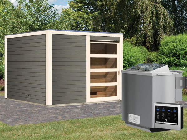 Saunahaus Cuben 38 mm terragrau inkl. 9 kW Bio-Kombiofen ext. Steuerung