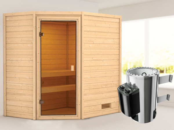 Sauna Jella mit bronzierter Glastür + 3,6 kW Plug & Play Saunaofen integr. Strg.