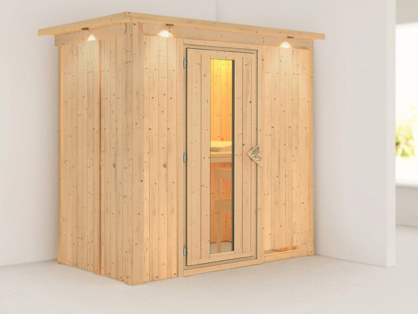 Systemsauna Variado mit Dachkranz, Holztür mit Isolierglas