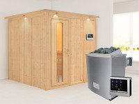 Systemsauna Rodin mit Dachkranz, Holztür mit Isolierglas, inkl. 9 kW Saunaofen ext. Steuerung